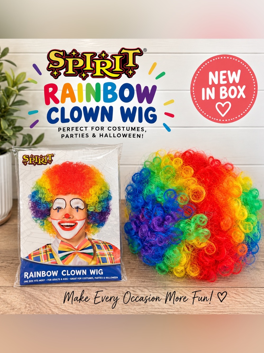 🤡 🌈 NIB Spirit Rainbow Clown Wig Curly Halloween Costume One Size